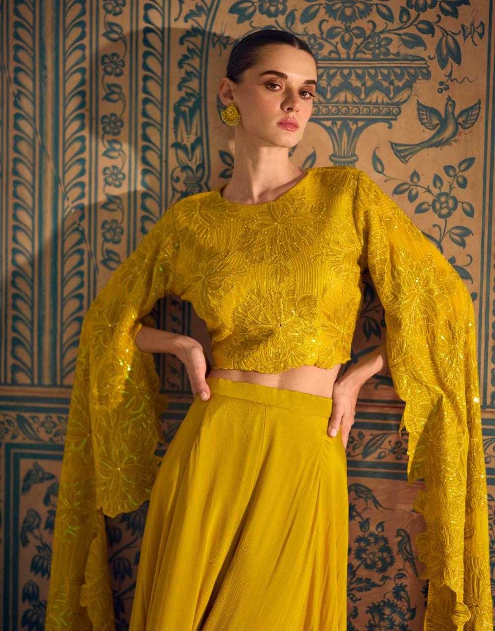 Royal Mustard Embroidered Chinon Silk Top with Plazo