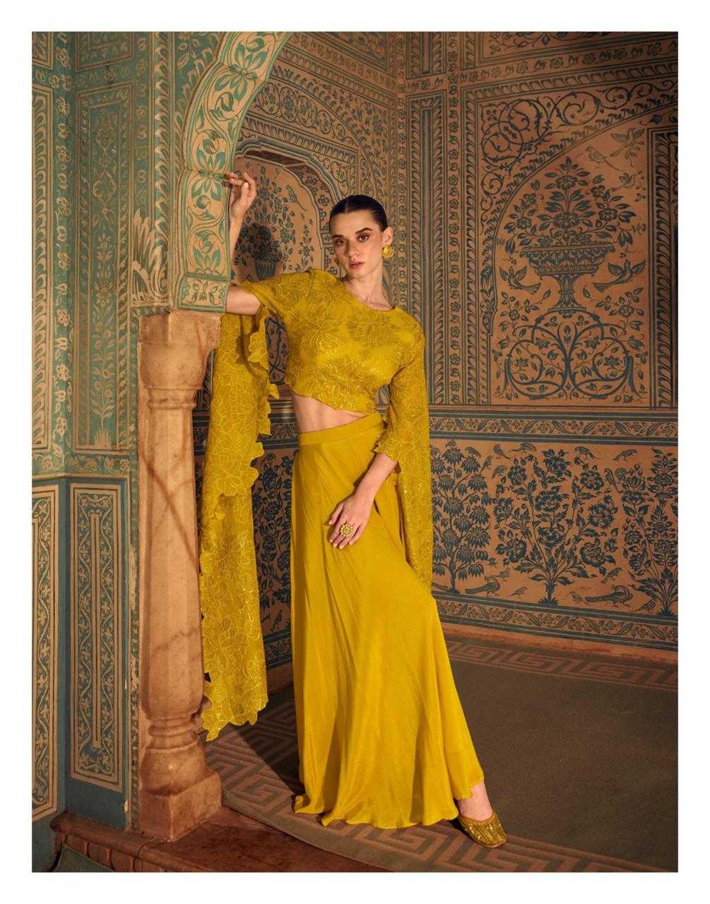 Royal Mustard Embroidered Chinon Silk Top with Plazo