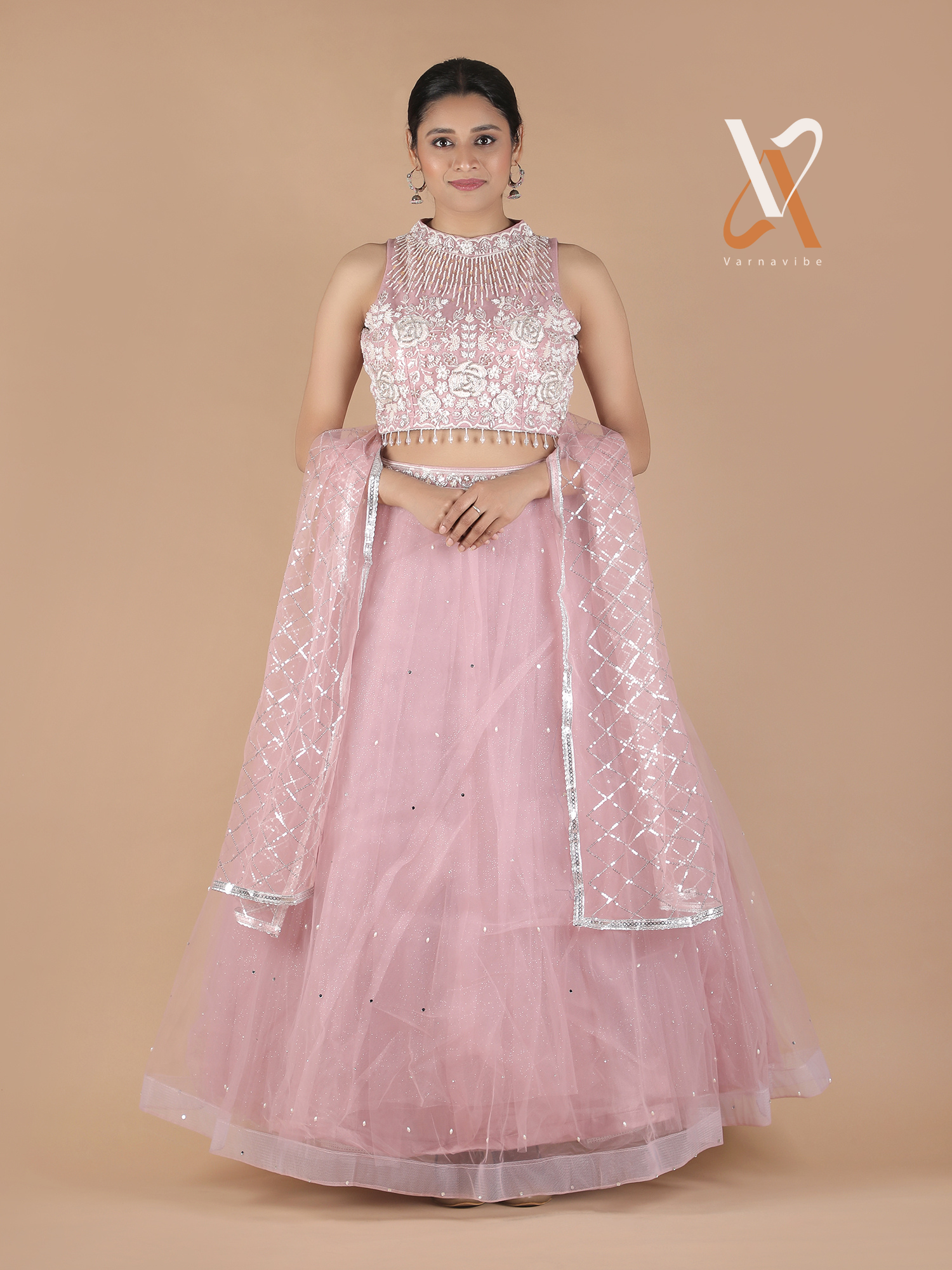 Elegant Blush Pink Embroidered Lehenga Choli with Net Dupatta
