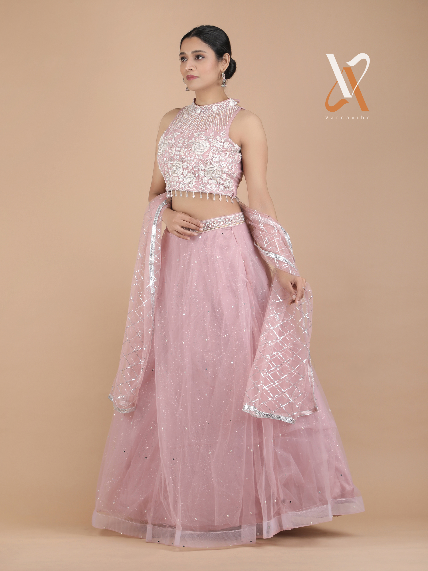 Elegant Blush Pink Embroidered Lehenga Choli with Net Dupatta