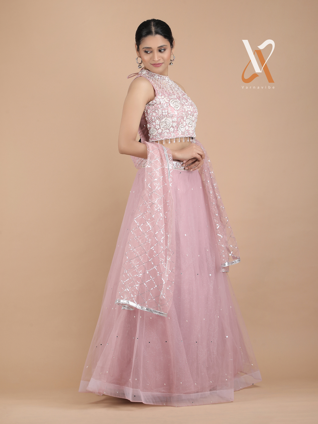 Elegant Blush Pink Embroidered Lehenga Choli with Net Dupatta