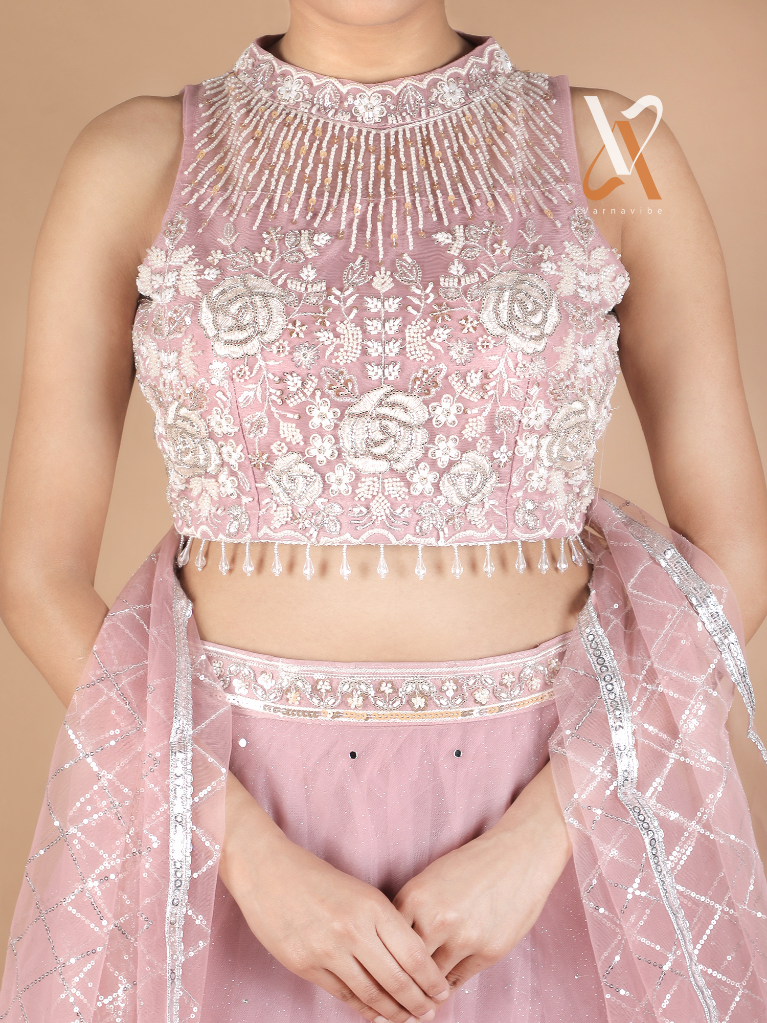 Elegant Blush Pink Embroidered Lehenga Choli with Net Dupatta