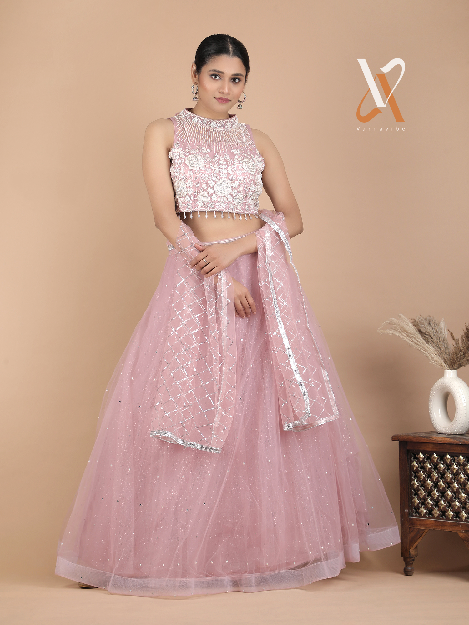 Elegant Blush Pink Embroidered Lehenga Choli with Net Dupatta