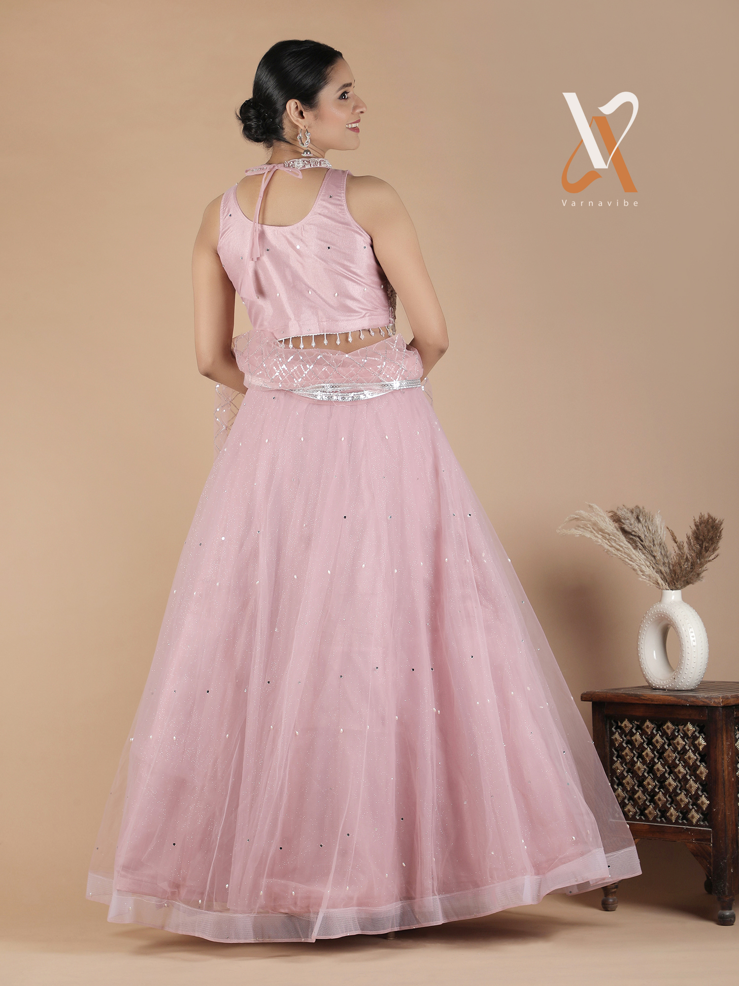Elegant Blush Pink Embroidered Lehenga Choli with Net Dupatta