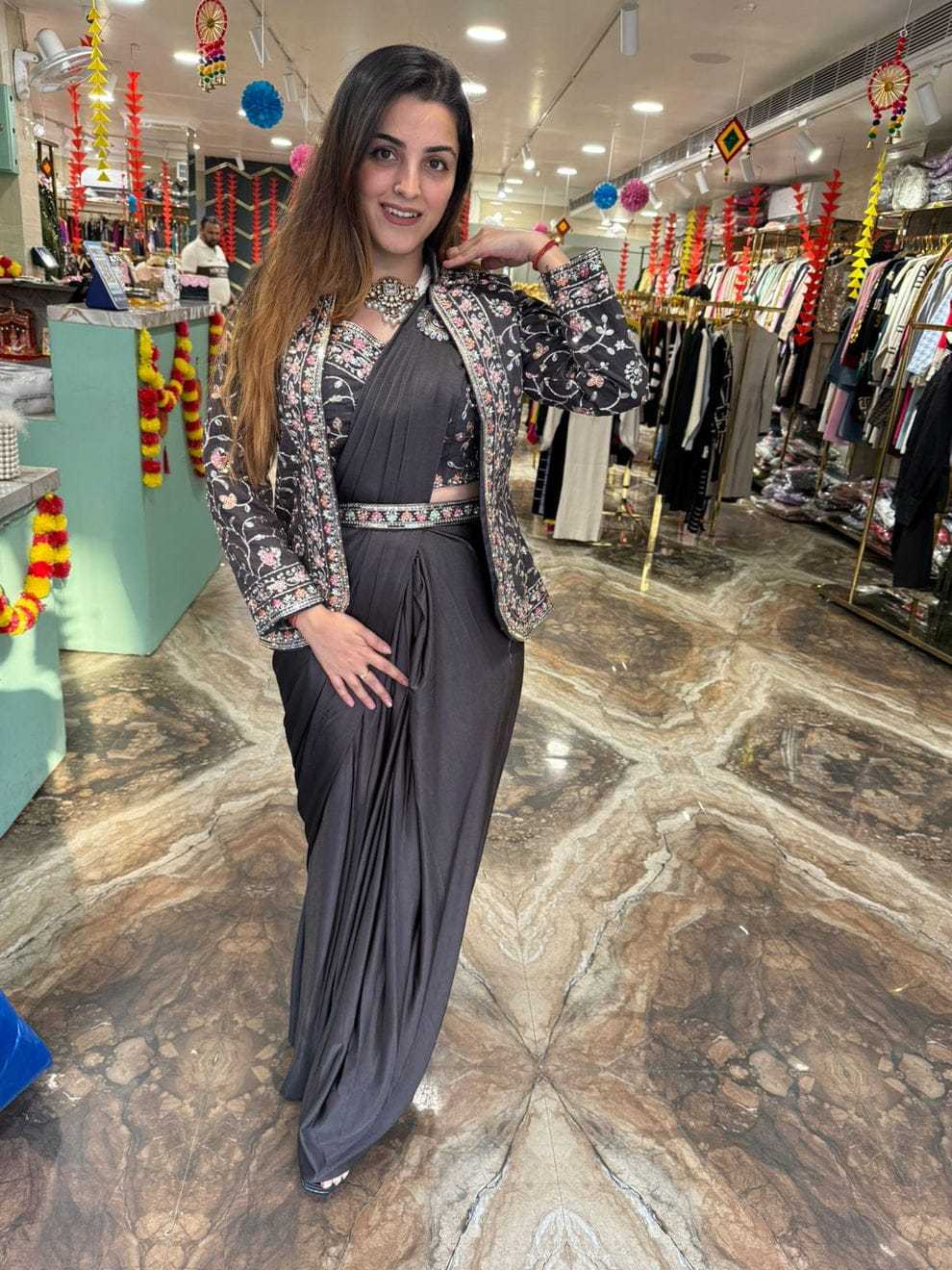 Premium Heavy Satin Silk Indo-Western Drape Set with Embroidered Jacket & Designer Blouse