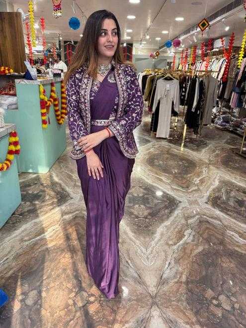 Premium Heavy Satin Silk Indo-Western Drape Set with Embroidered Jacket & Designer Blouse