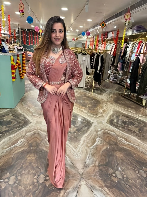 Premium Heavy Satin Silk Indo-Western Drape Set with Embroidered Jacket & Designer Blouse