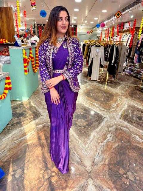 Premium Heavy Satin Silk Indo-Western Drape Set with Embroidered Jacket & Designer Blouse