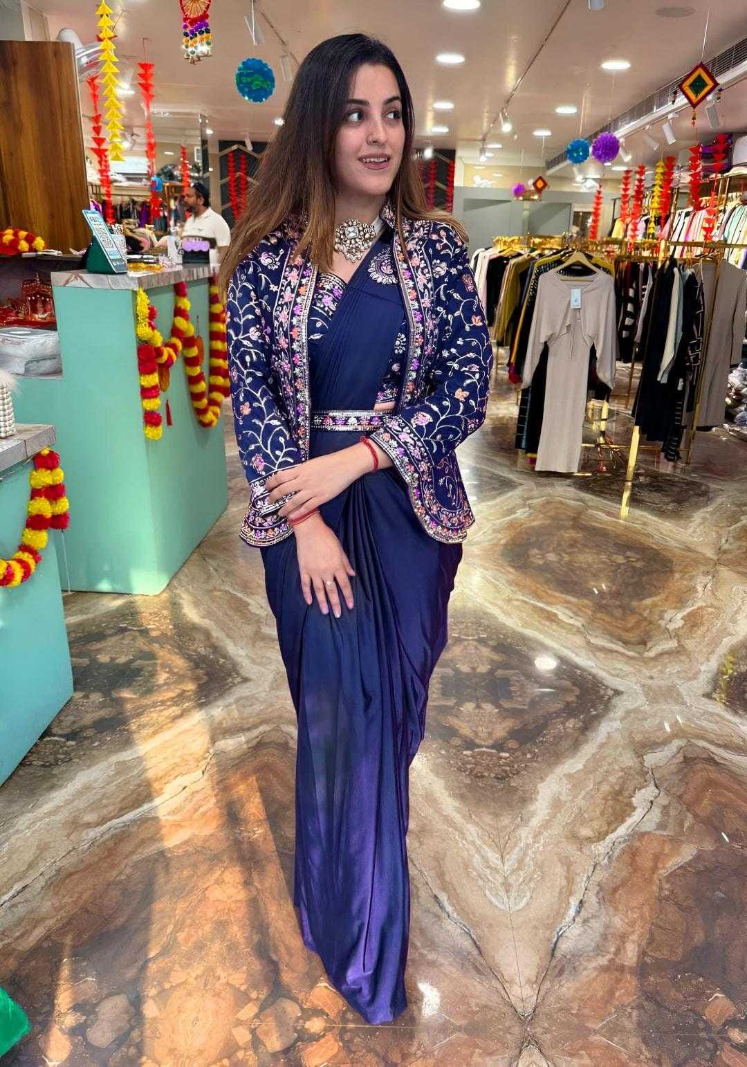 Premium Heavy Satin Silk Indo-Western Drape Set with Embroidered Jacket & Designer Blouse
