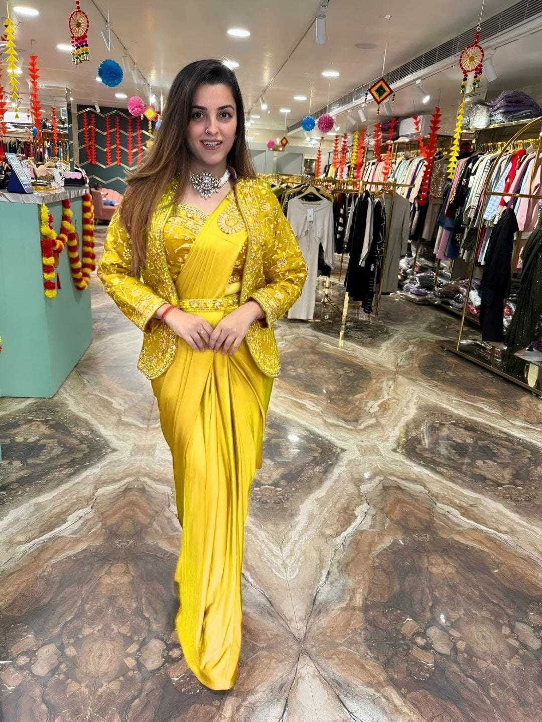 Premium Heavy Satin Silk Indo-Western Drape Set with Embroidered Jacket & Designer Blouse