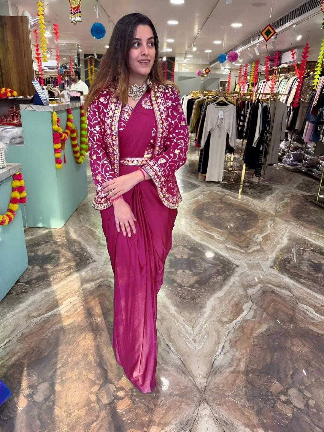 Premium Heavy Satin Silk Indo-Western Drape Set with Embroidered Jacket & Designer Blouse