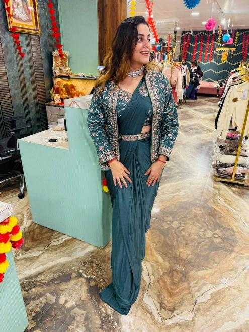 Premium Heavy Satin Silk Indo-Western Drape Set with Embroidered Jacket & Designer Blouse