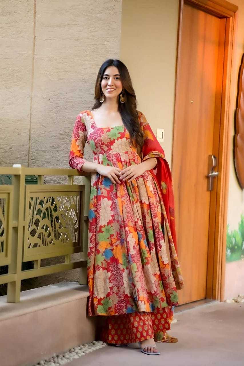Radiant Bloom Muslin Cotton Anarkali Suit with Dupatta