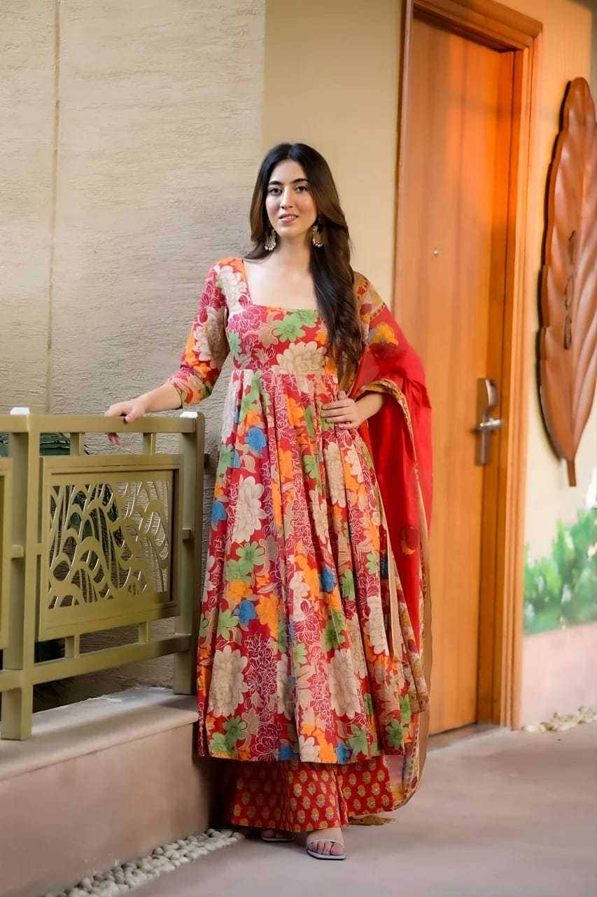 Radiant Bloom Muslin Cotton Anarkali Suit with Dupatta