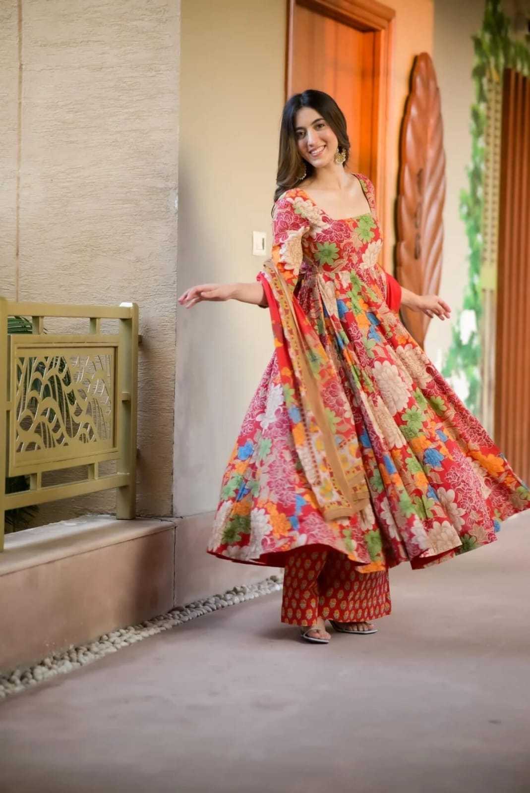 Radiant Bloom Muslin Cotton Anarkali Suit with Dupatta