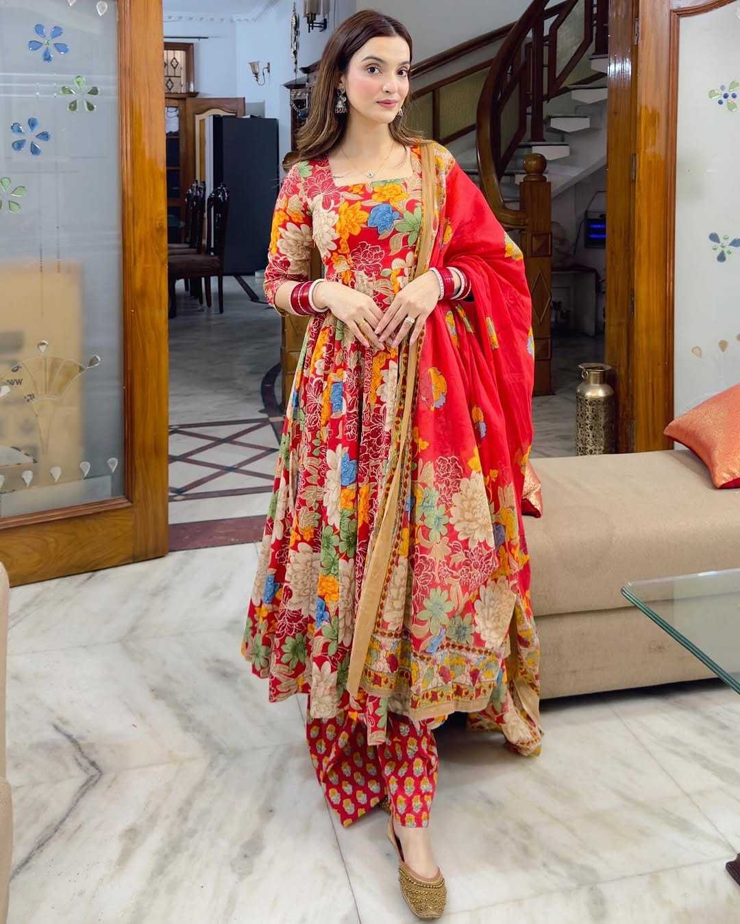 Radiant Bloom Muslin Cotton Anarkali Suit with Dupatta