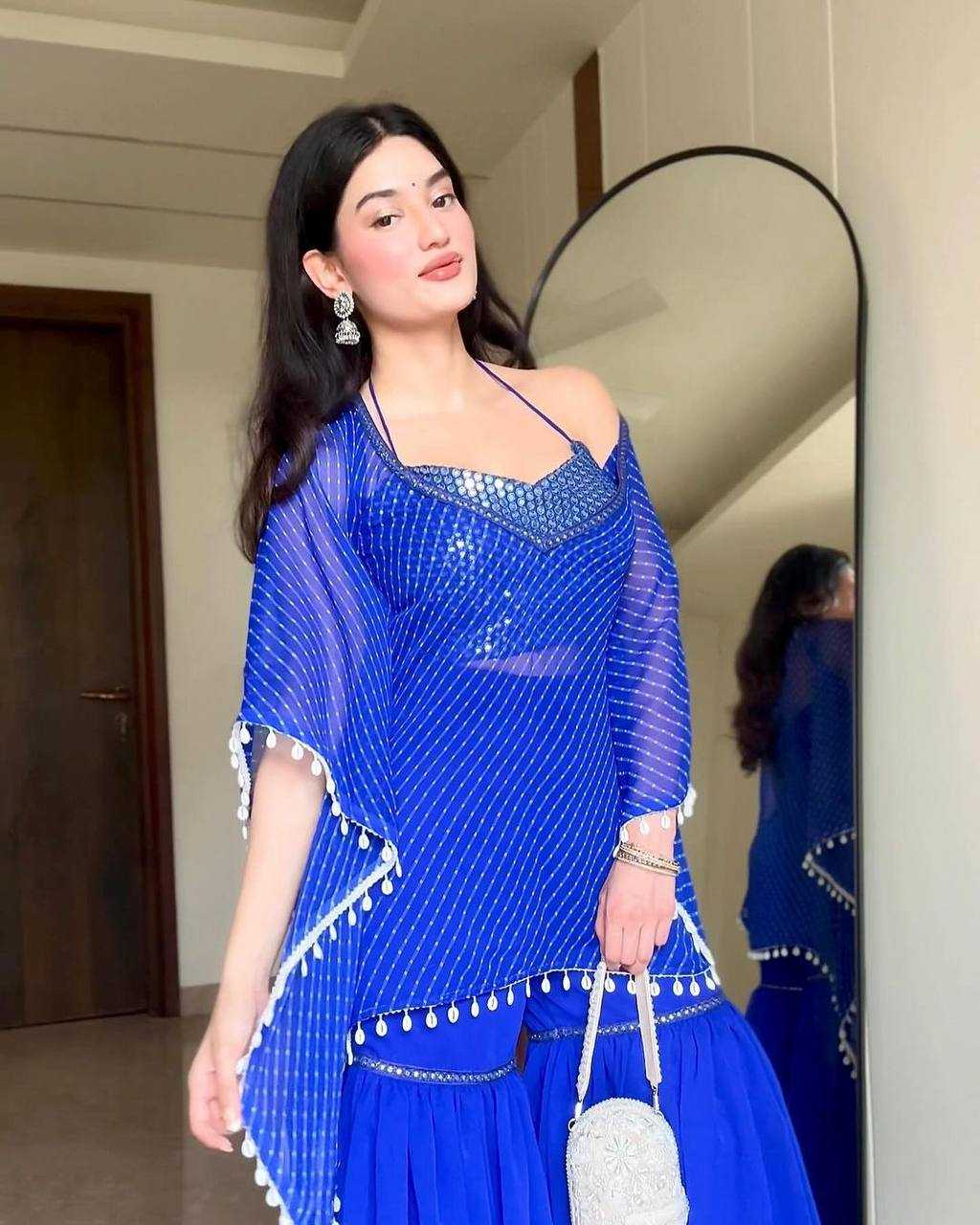 Celestial Glam Georgette Sharara Palazzo Set with Tassel Cape Dupatta