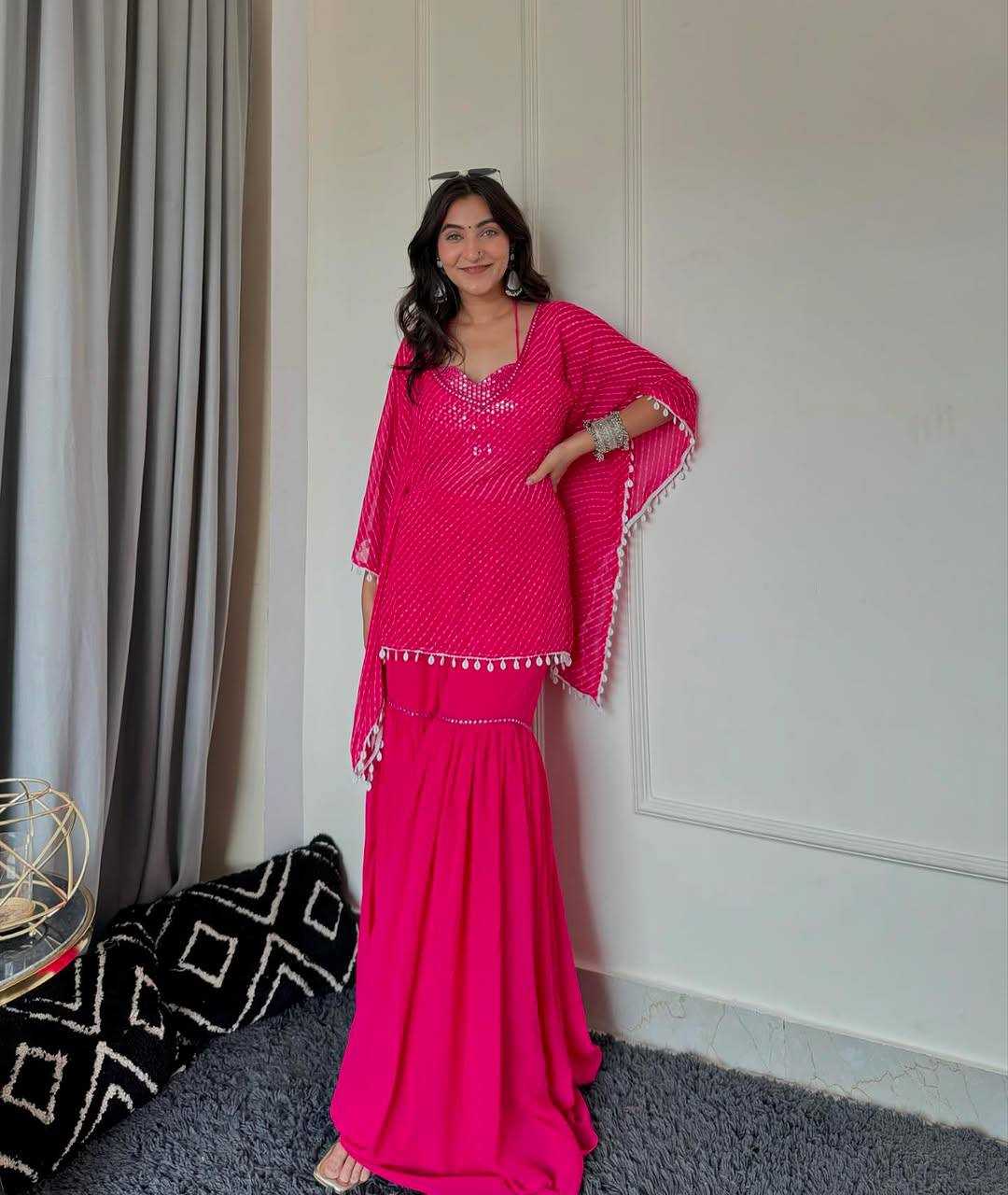 Celestial Glam Georgette Sharara Palazzo Set with Tassel Cape Dupatta