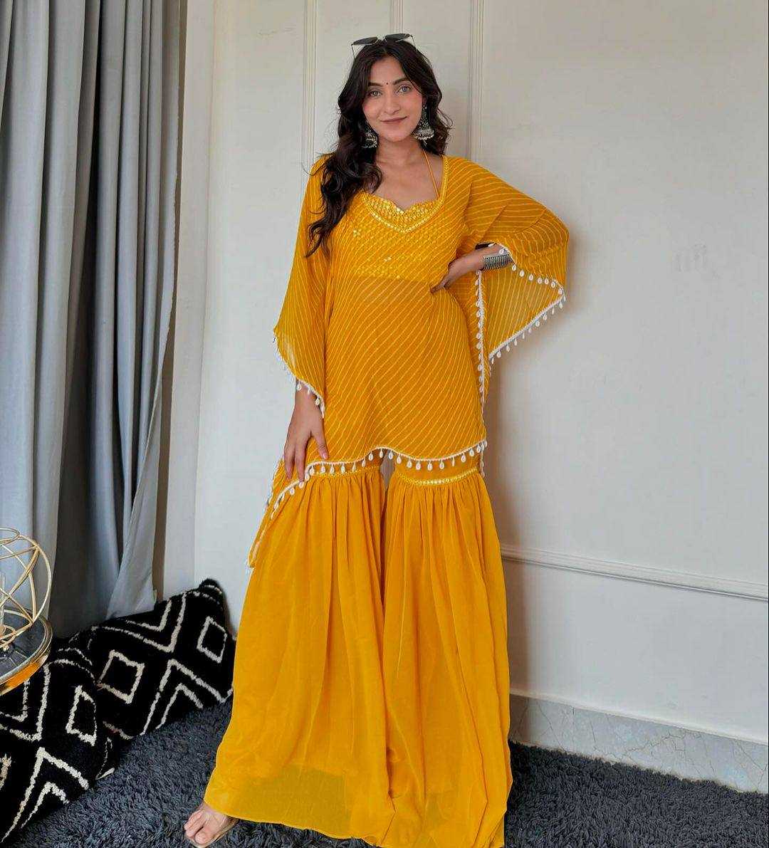 Celestial Glam Georgette Sharara Palazzo Set with Tassel Cape Dupatta