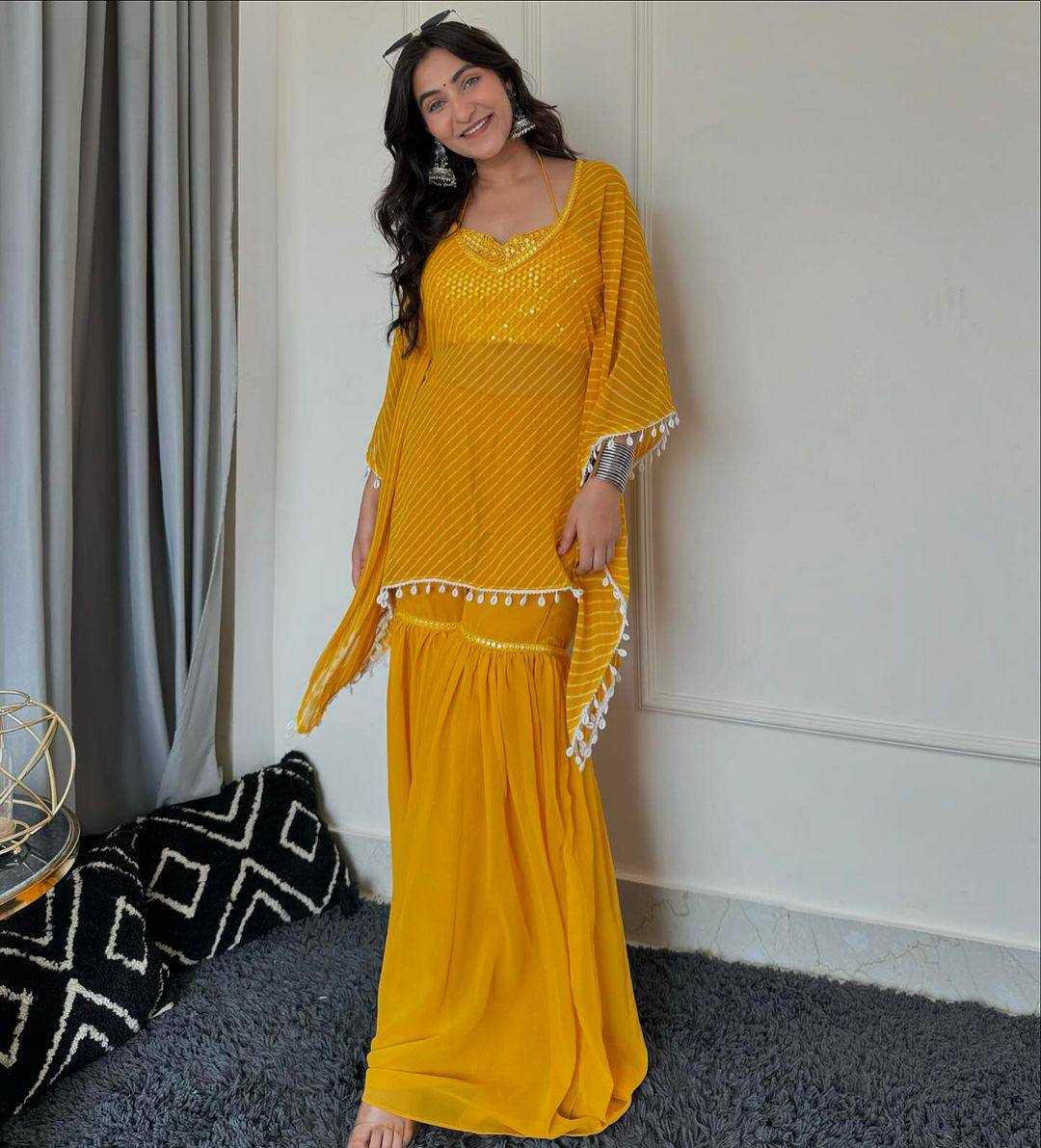 Celestial Glam Georgette Sharara Palazzo Set with Tassel Cape Dupatta