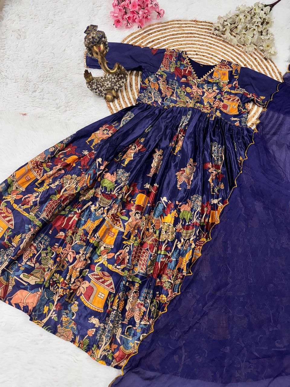 Nayika Tales Chinon Silk Anarkali Kurti with Artistic Print & Dupatta