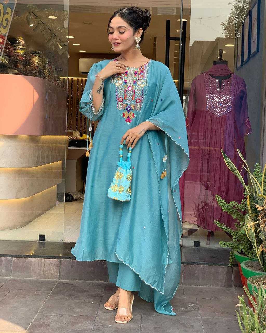 Elegant Mirror Work Chanderi Silk Suit Set | Festive & Ethnic Wear