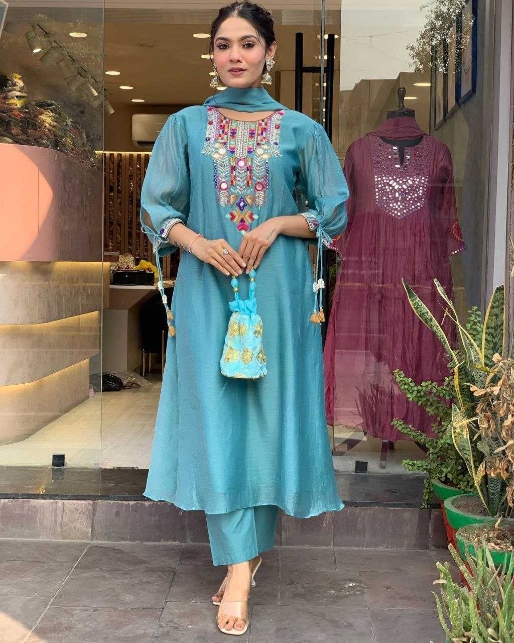 Elegant Mirror Work Chanderi Silk Suit Set | Festive & Ethnic Wear