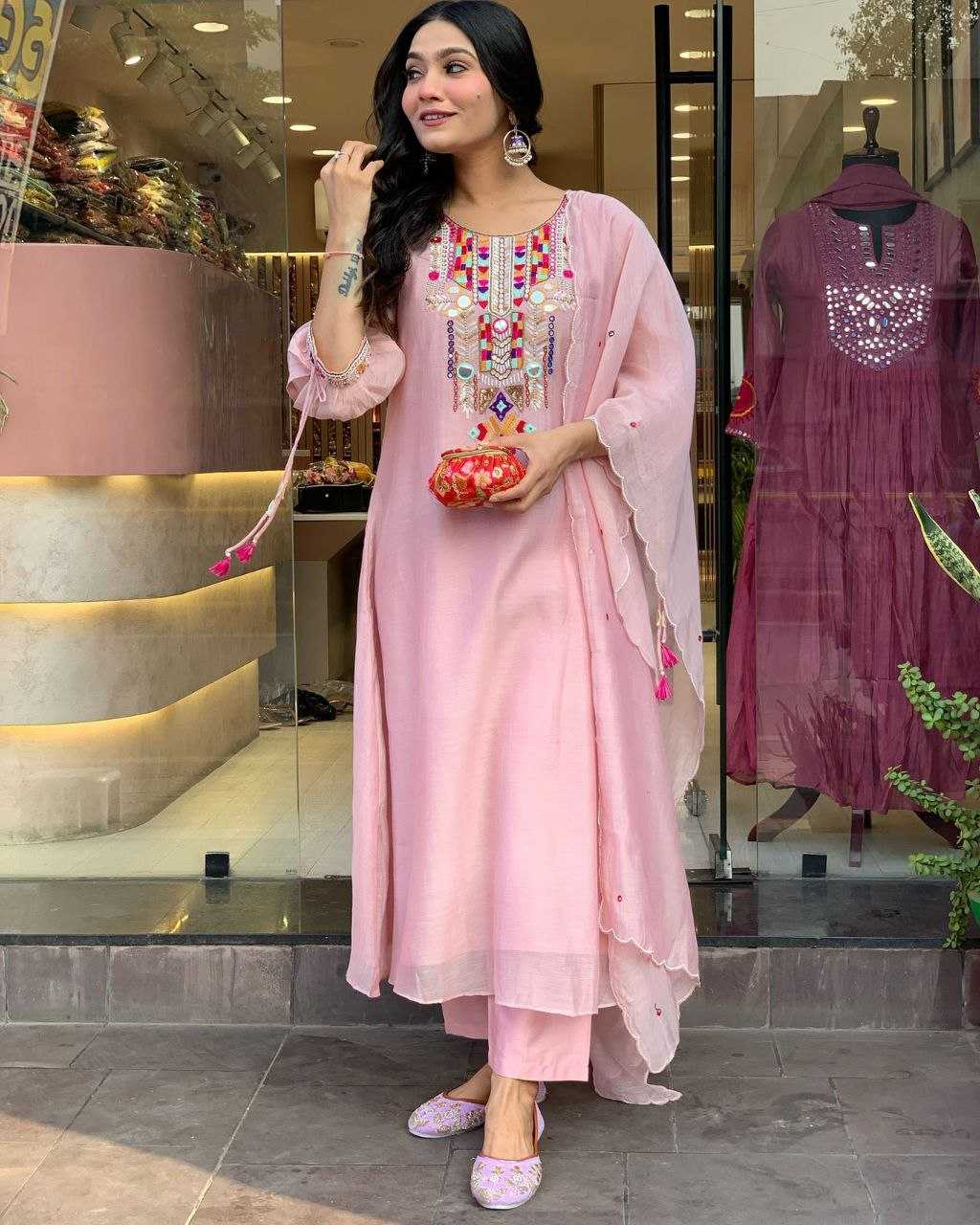 Elegant Mirror Work Chanderi Silk Suit Set | Festive & Ethnic Wear