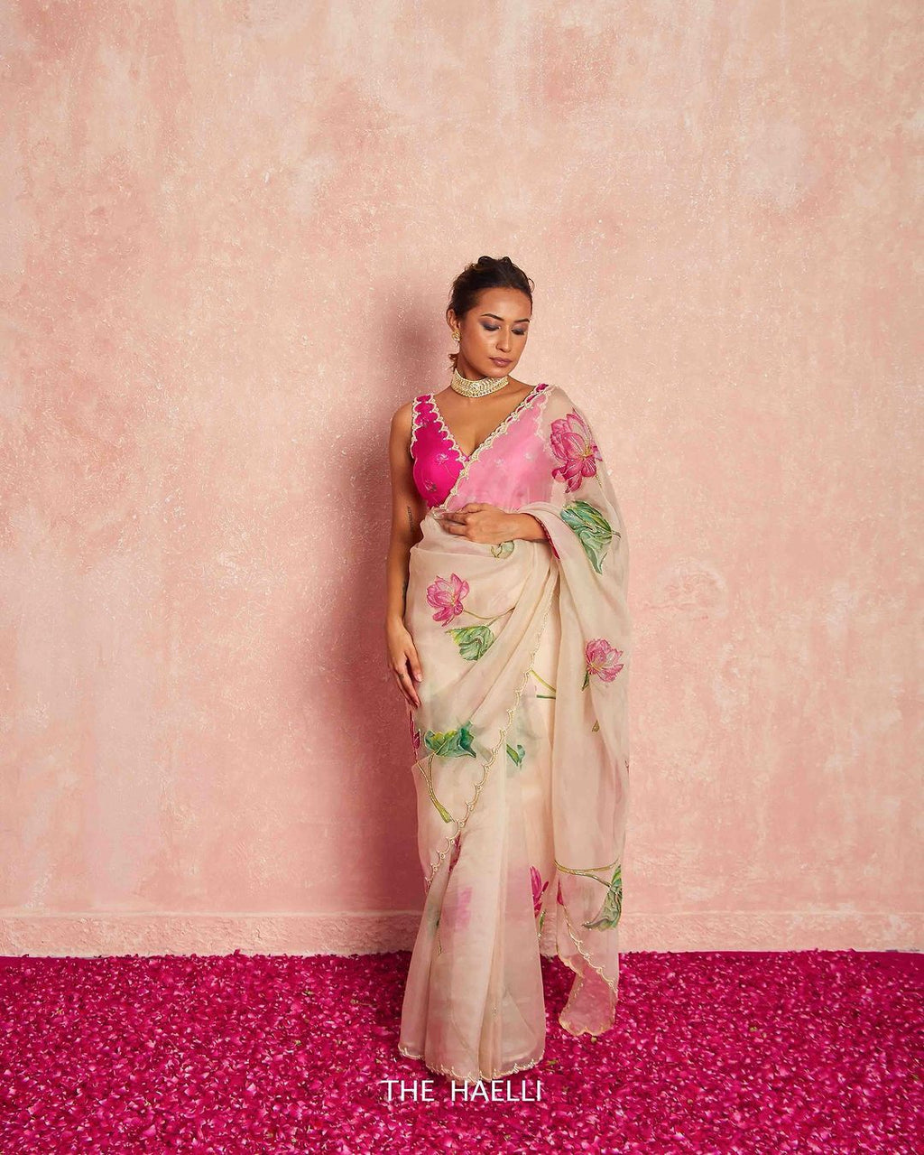 Lotus Bloom Hand-Painted Organza Saree with Hot Pink Scallop Blouse