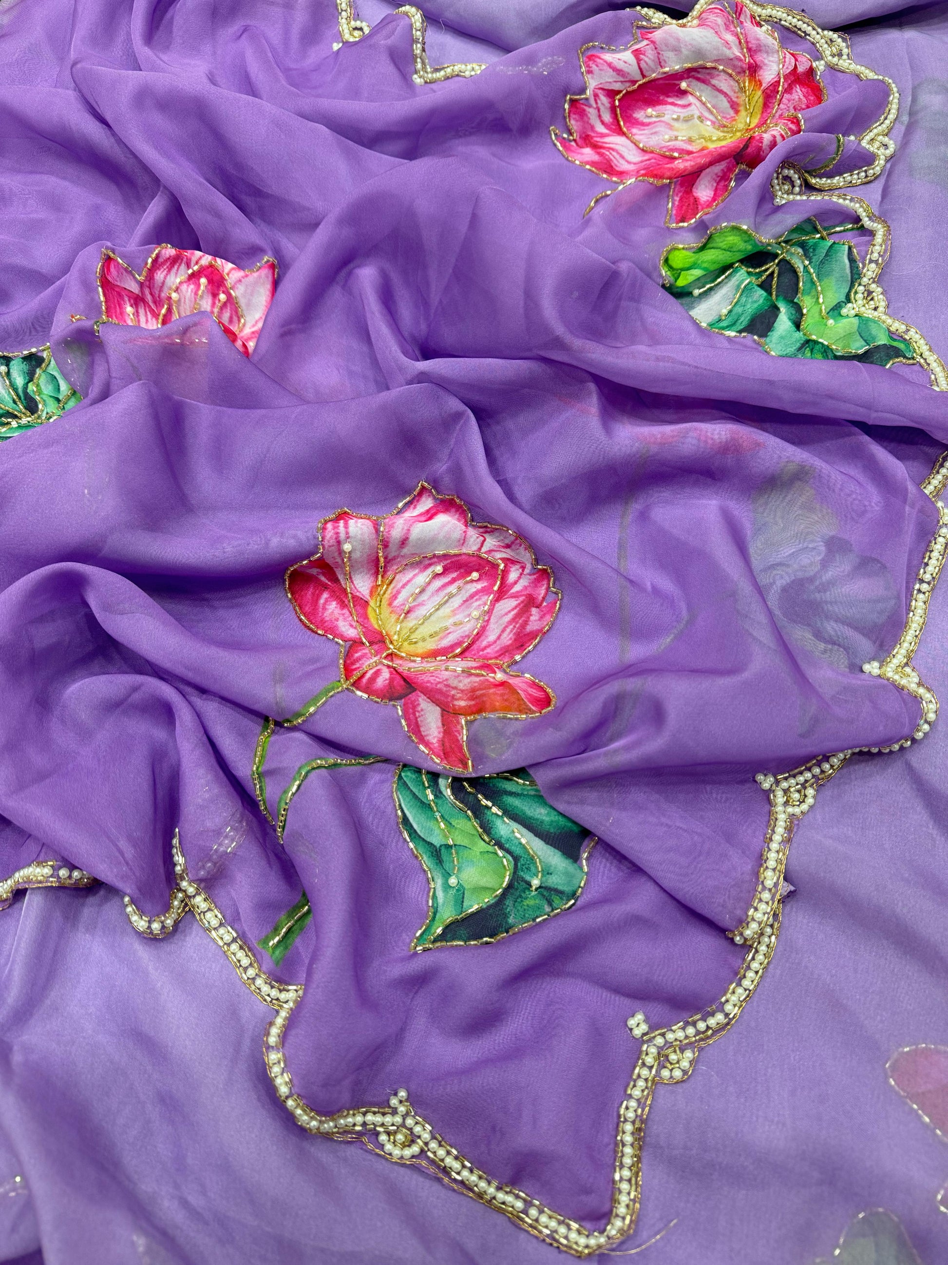 Lotus Bloom Hand-Painted Organza Saree with Hot Pink Scallop Blouse