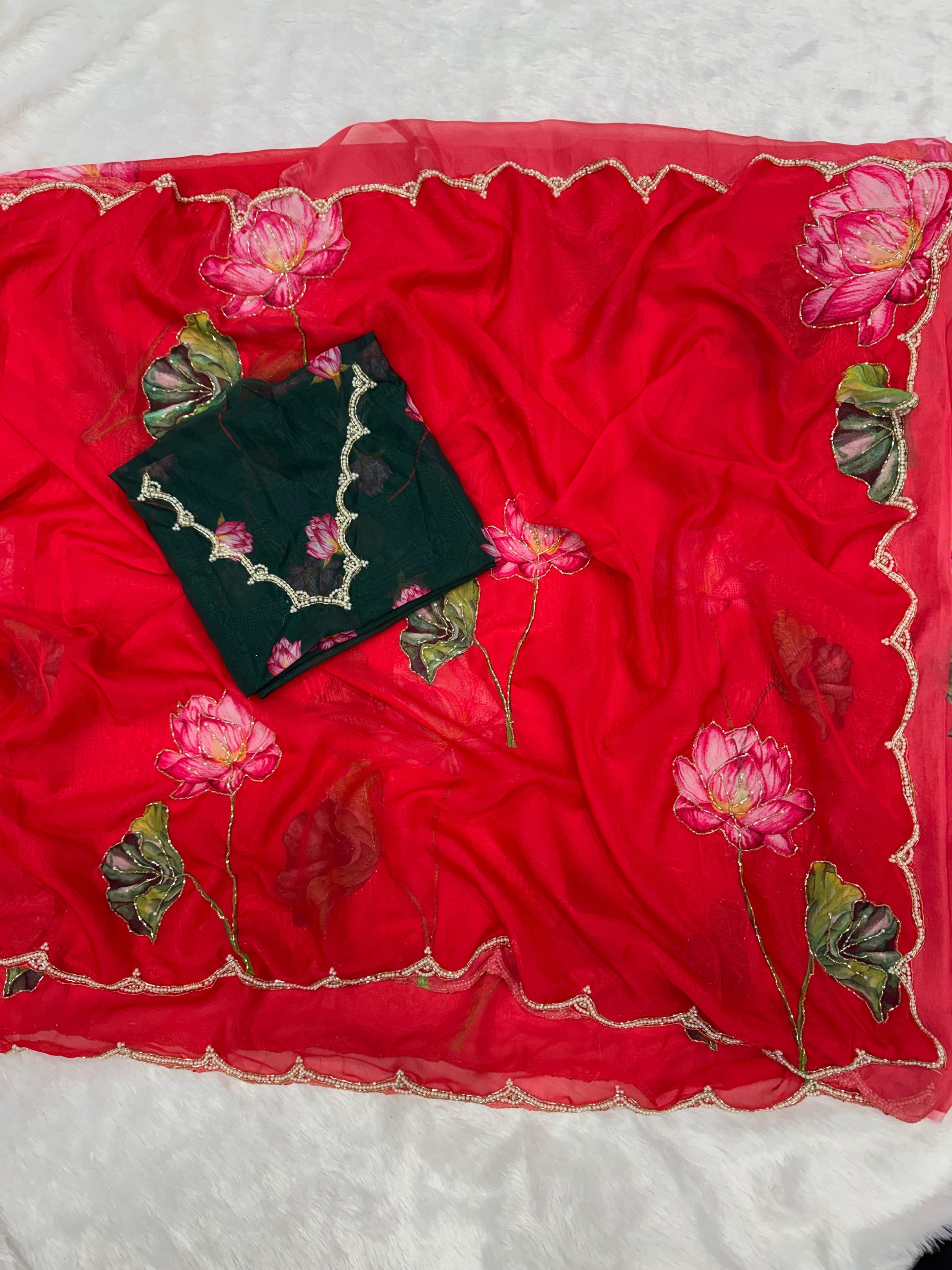 Lotus Bloom Hand-Painted Organza Saree with Hot Pink Scallop Blouse