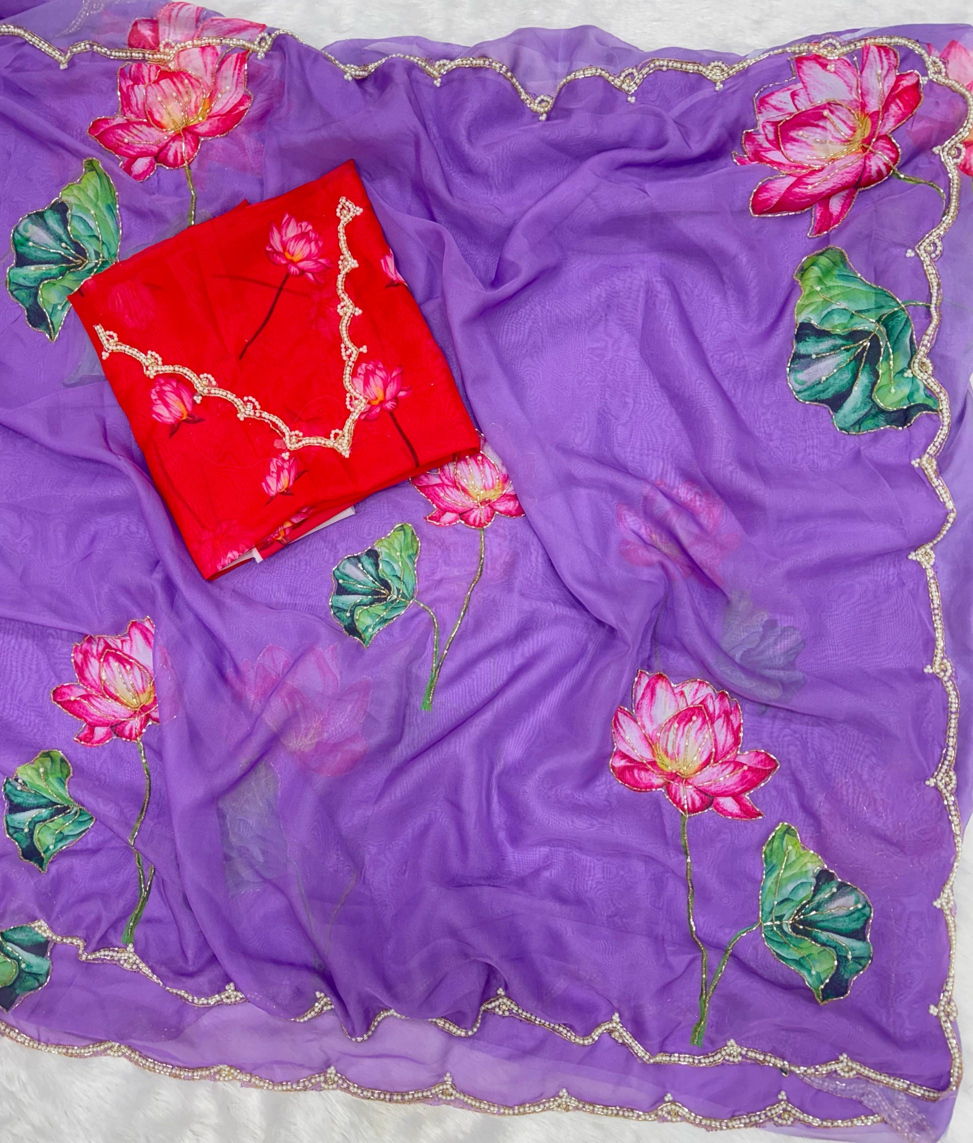 Lotus Bloom Hand-Painted Organza Saree with Hot Pink Scallop Blouse
