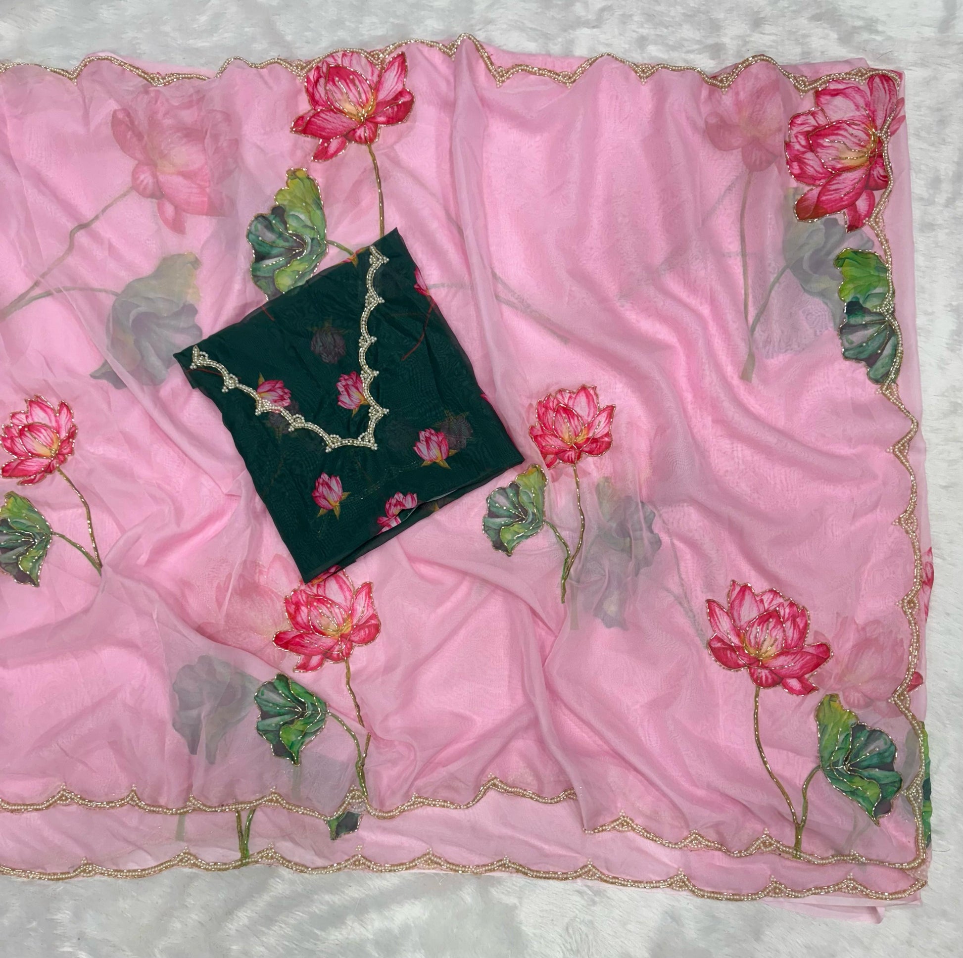 Lotus Bloom Hand-Painted Organza Saree with Hot Pink Scallop Blouse