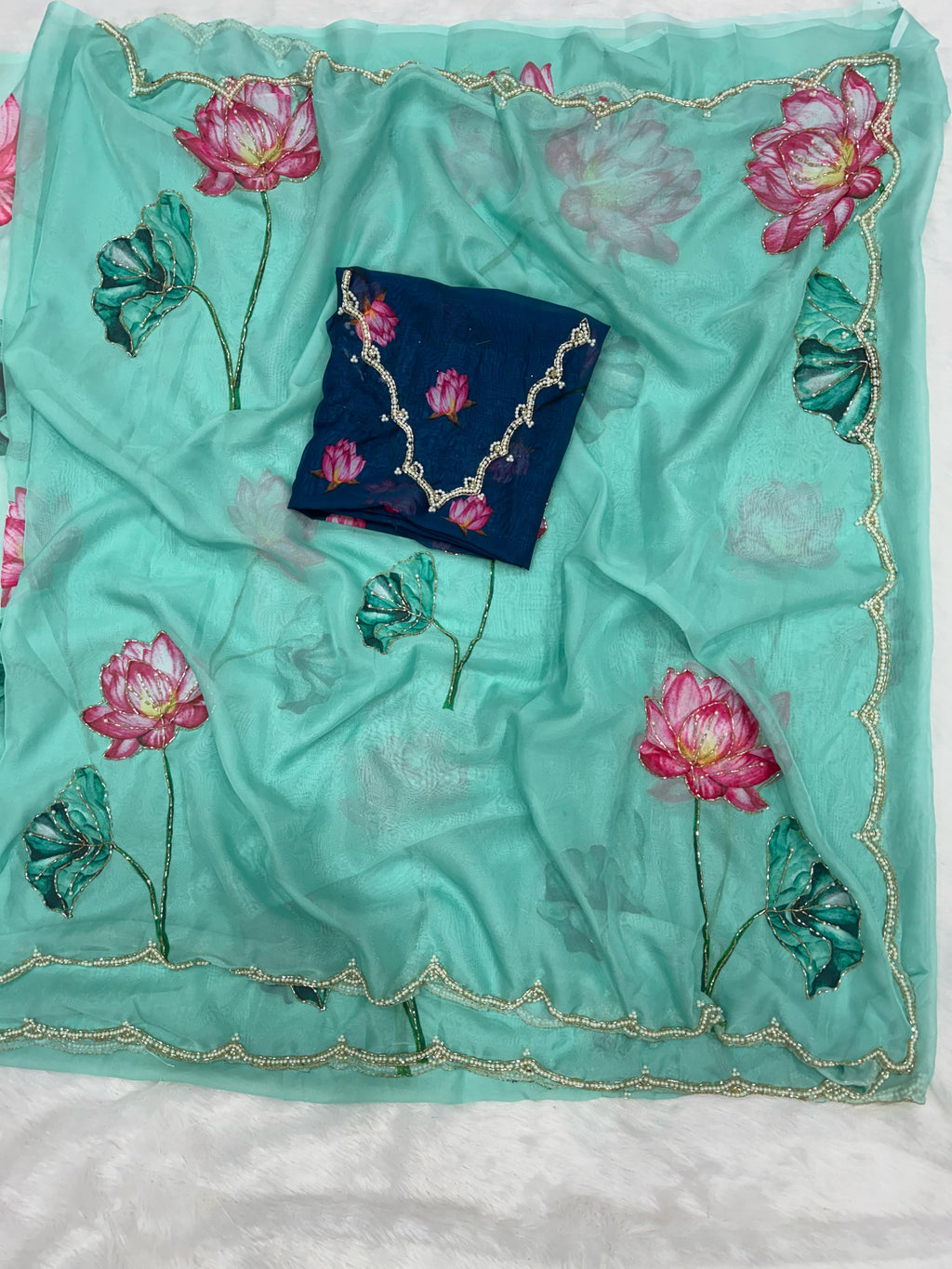 Lotus Bloom Hand-Painted Organza Saree with Hot Pink Scallop Blouse