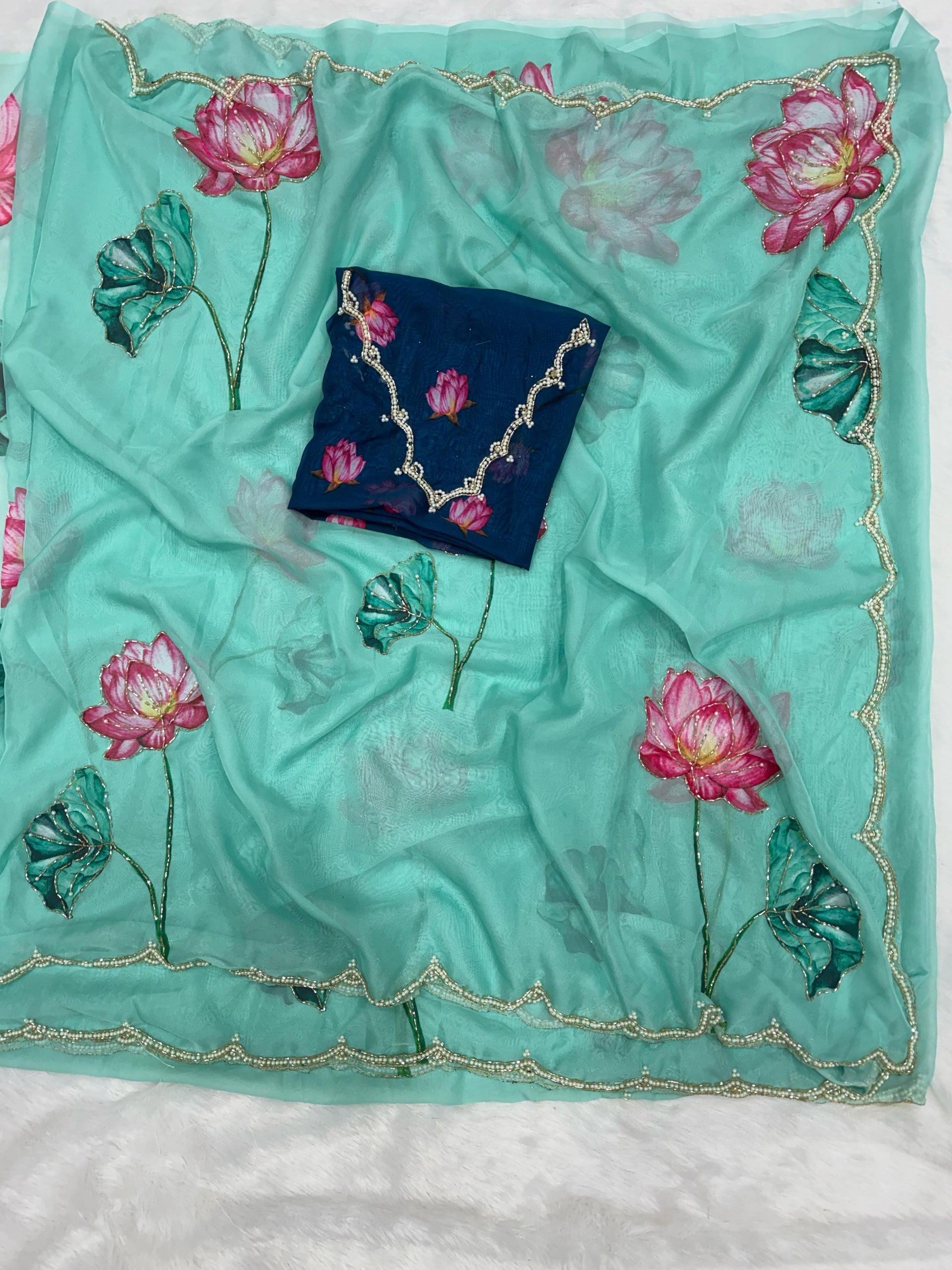 Lotus Bloom Hand-Painted Organza Saree with Hot Pink Scallop Blouse