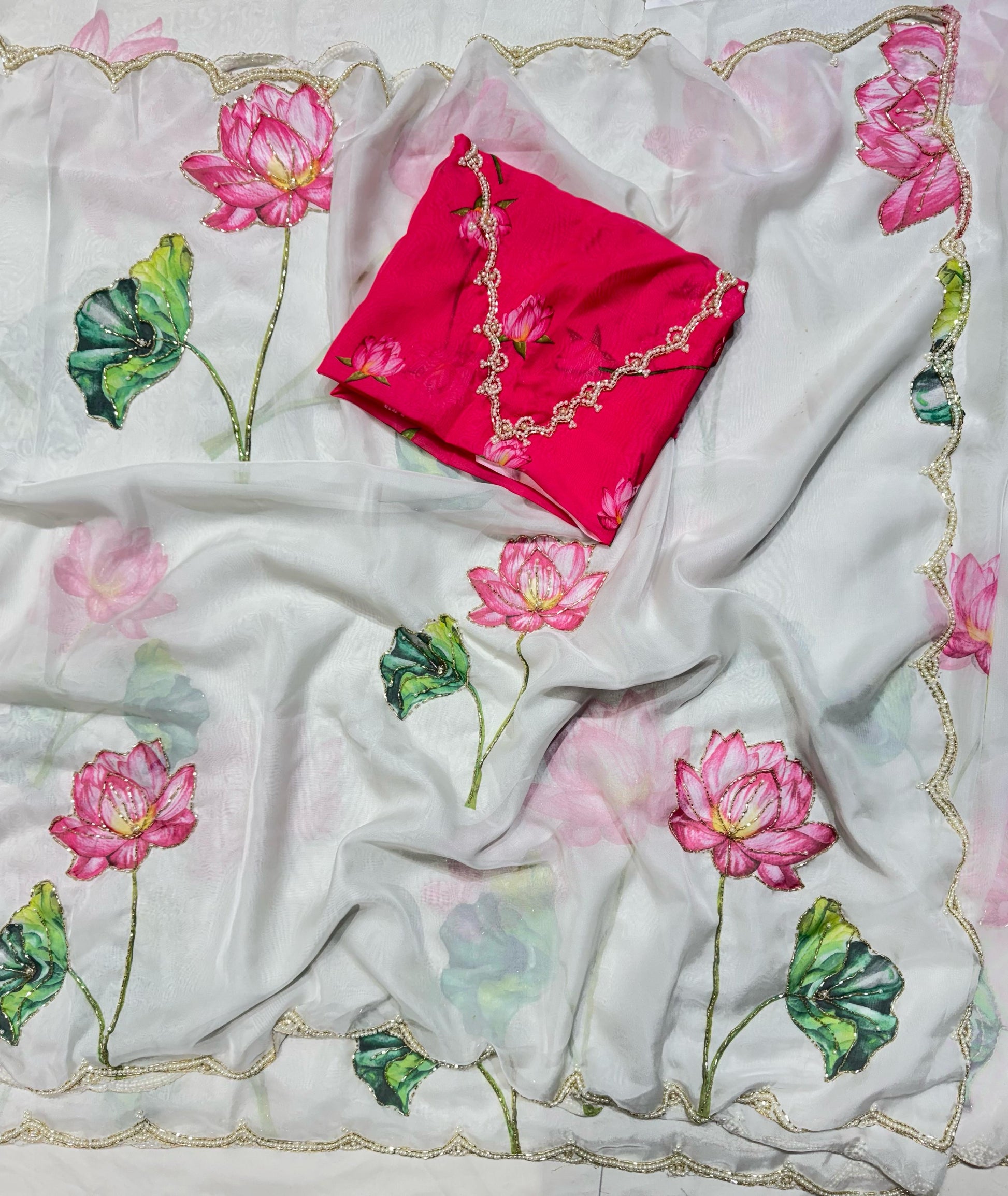 Lotus Bloom Hand-Painted Organza Saree with Hot Pink Scallop Blouse