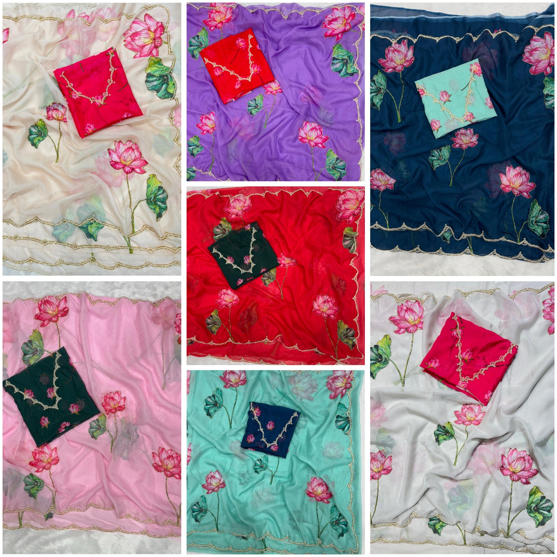 Lotus Bloom Hand-Painted Organza Saree with Hot Pink Scallop Blouse