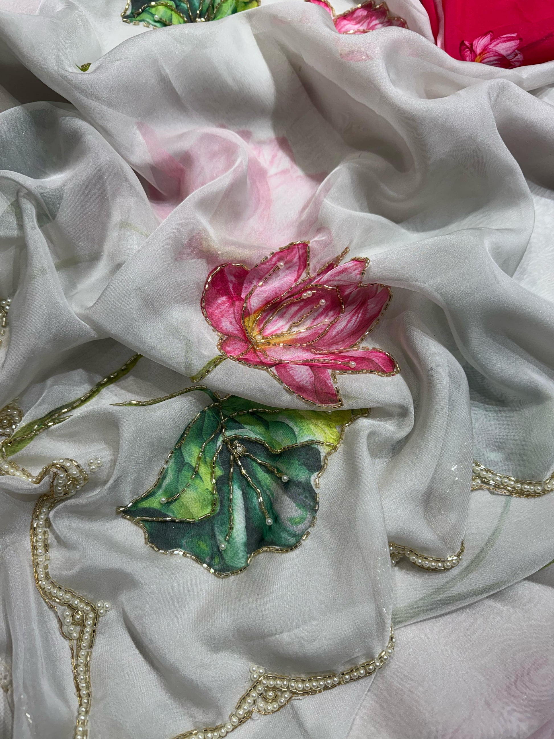 Lotus Bloom Hand-Painted Organza Saree with Hot Pink Scallop Blouse