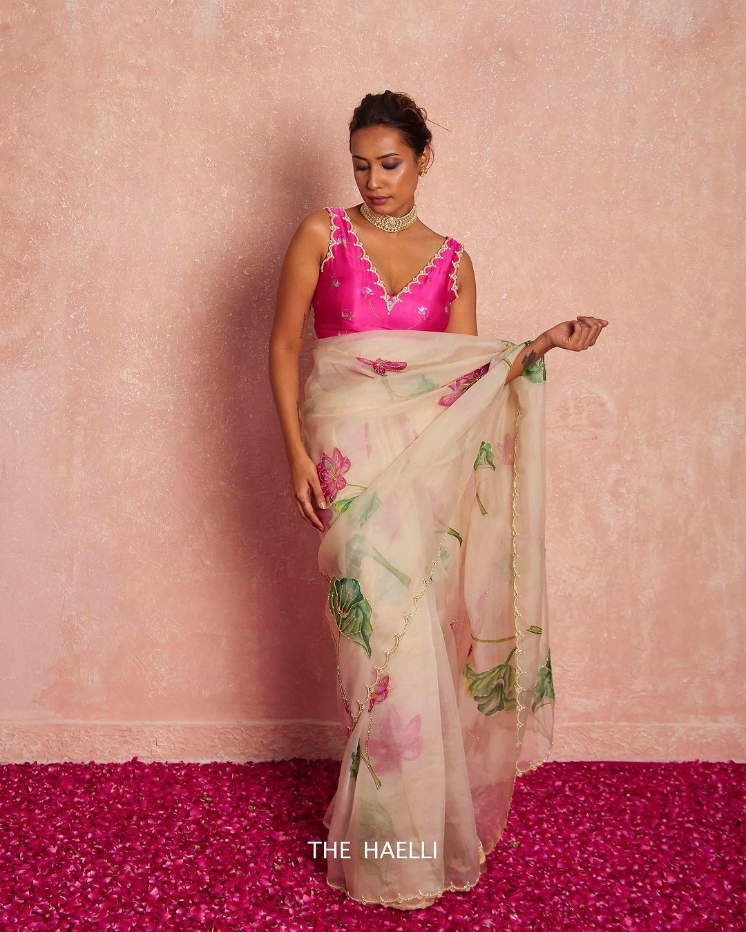 Lotus Bloom Hand-Painted Organza Saree with Hot Pink Scallop Blouse