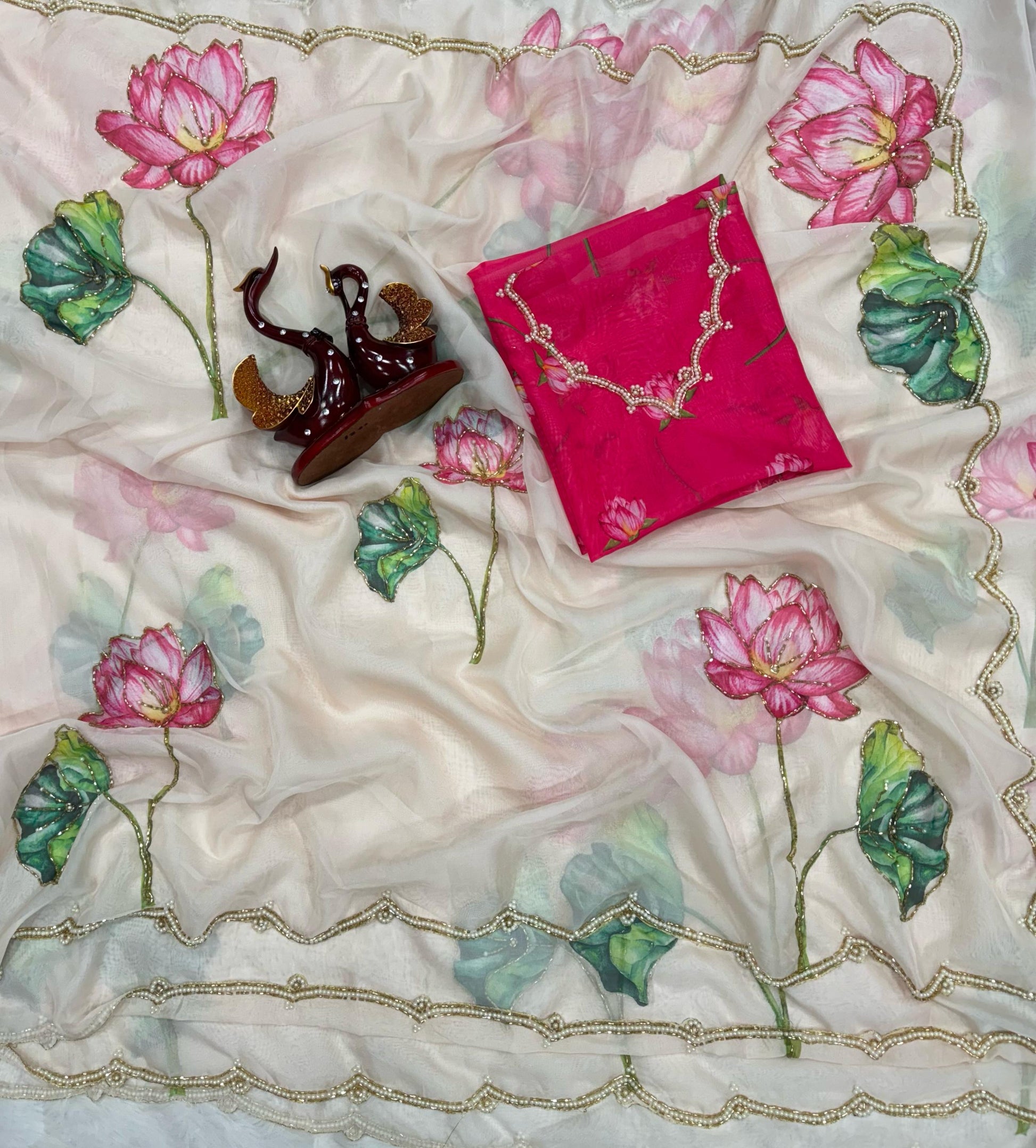 Lotus Bloom Hand-Painted Organza Saree with Hot Pink Scallop Blouse