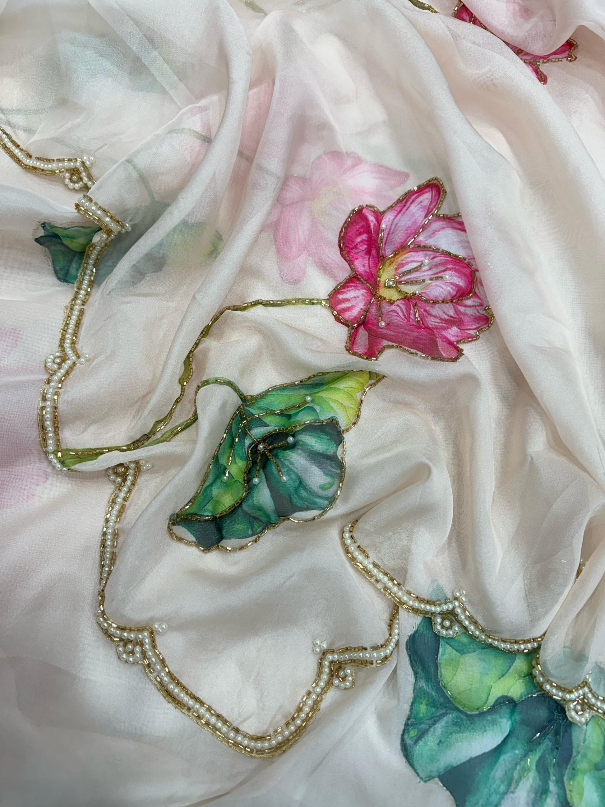 Lotus Bloom Hand-Painted Organza Saree with Hot Pink Scallop Blouse
