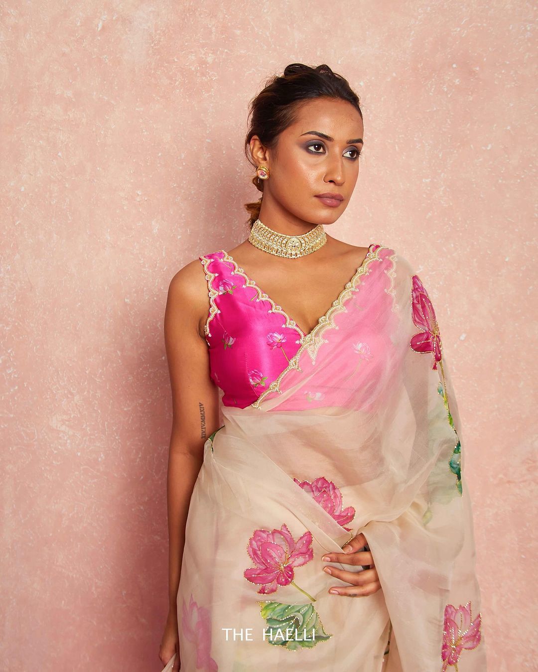 Lotus Bloom Hand-Painted Organza Saree with Hot Pink Scallop Blouse