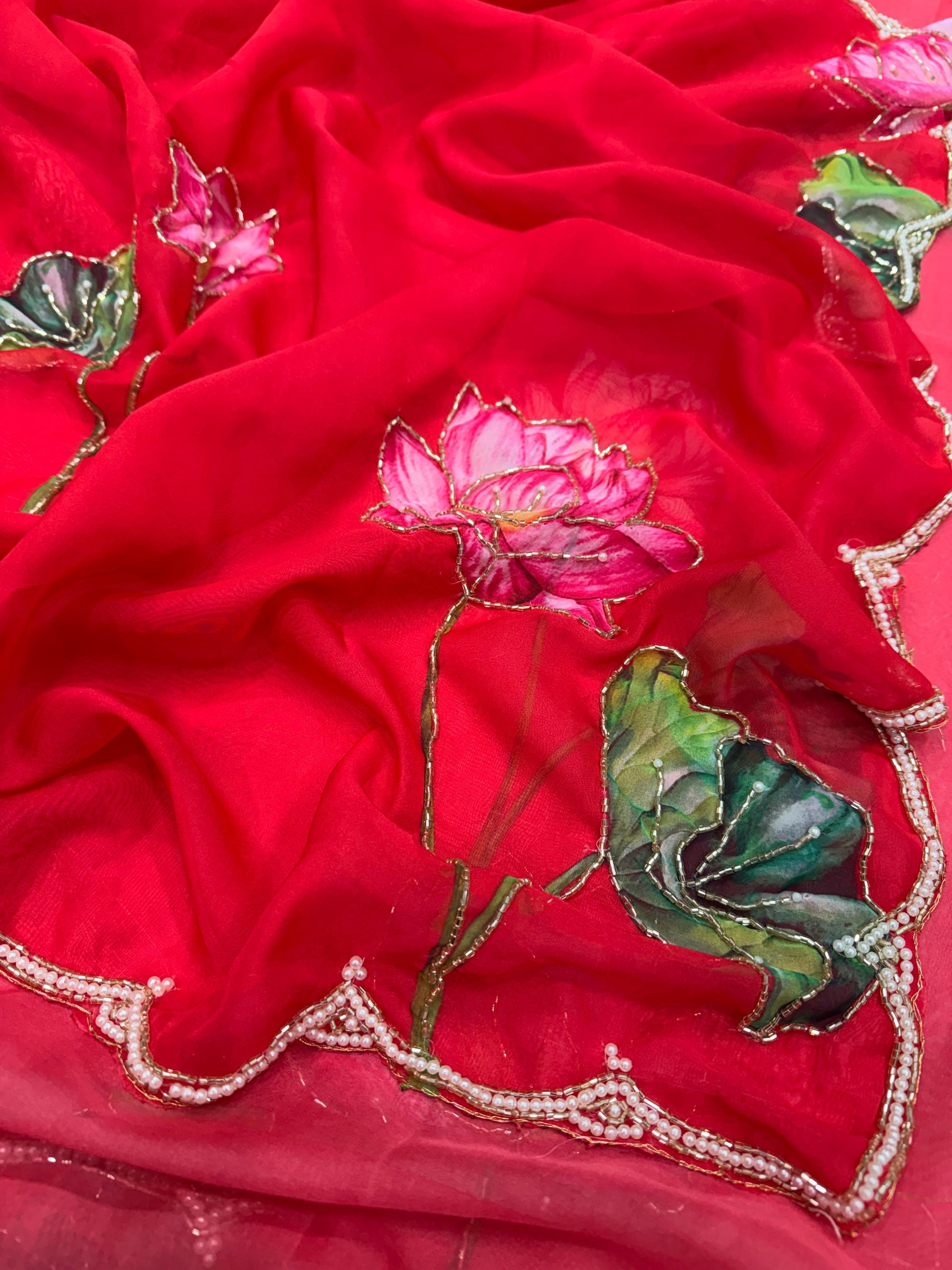 Lotus Bloom Hand-Painted Organza Saree with Hot Pink Scallop Blouse