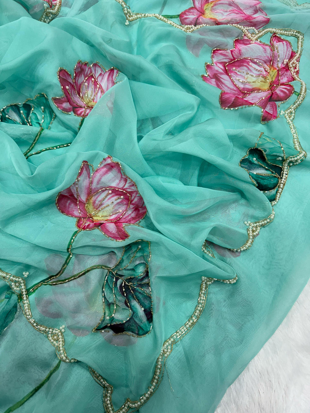 Lotus Bloom Hand-Painted Organza Saree with Hot Pink Scallop Blouse
