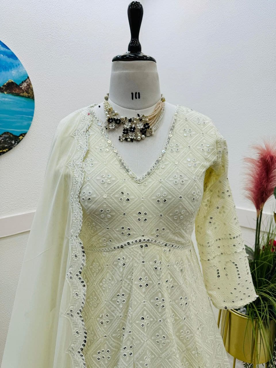 Ivory Luxe Embroidered Anarkali Gown Suit with Statement Sleeves