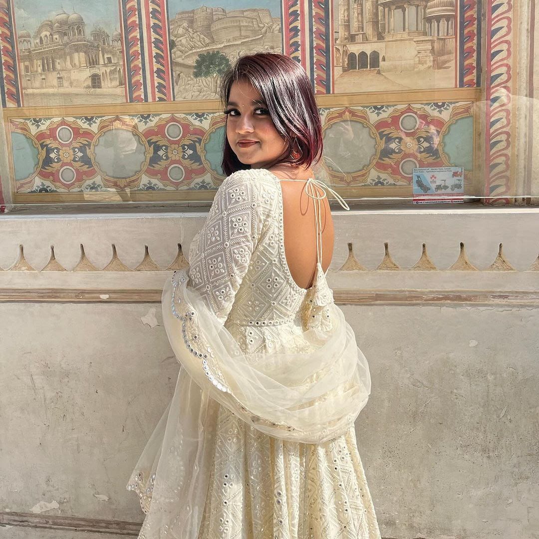 Ivory Luxe Embroidered Anarkali Gown Suit with Statement Sleeves