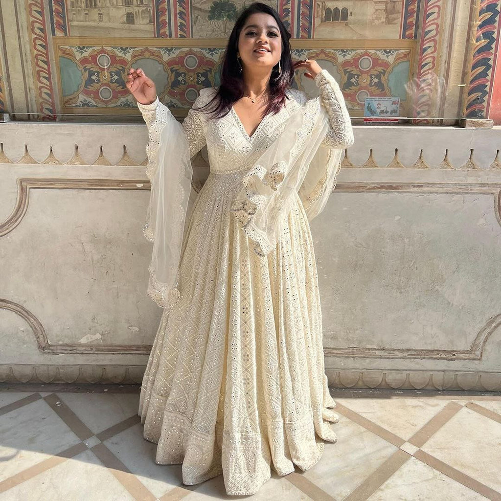 Ivory Luxe Embroidered Anarkali Gown Suit with Statement Sleeves