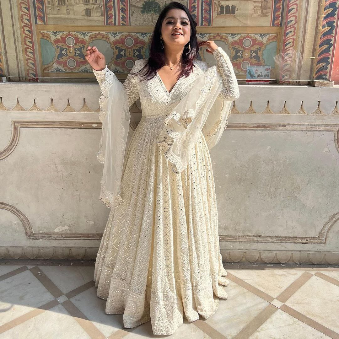 Ivory Luxe Embroidered Anarkali Gown Suit with Statement Sleeves