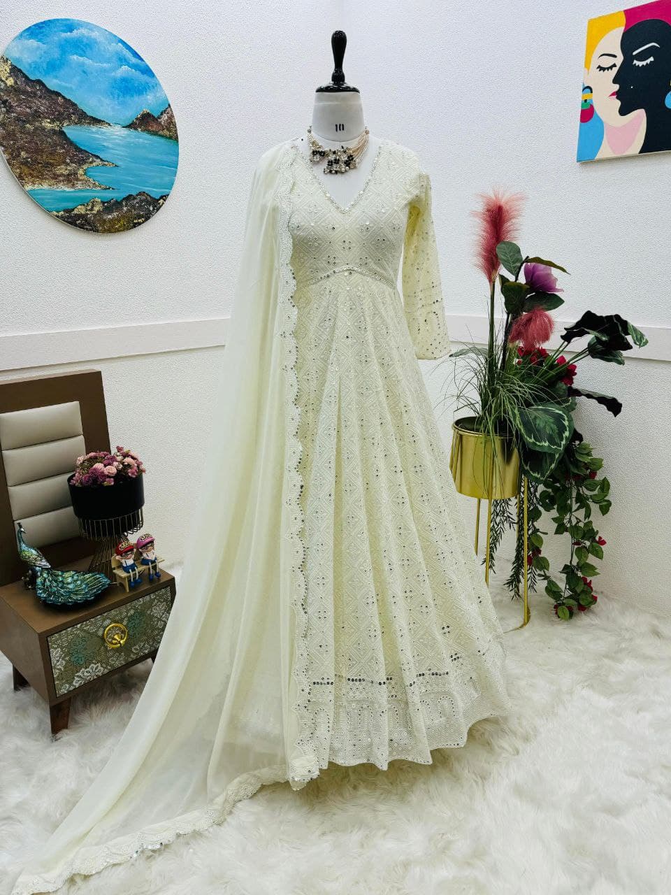 Ivory Luxe Embroidered Anarkali Gown Suit with Statement Sleeves
