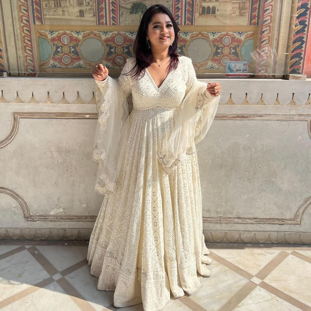 Ivory Luxe Embroidered Anarkali Gown Suit with Statement Sleeves